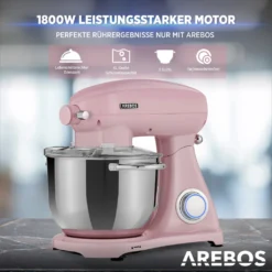 AREBOS Retro Küchenmaschine 1800W, Knetmaschine Mit 6L Edelstahl-Rührschüssel, Geräuscharm, 6 Geschwindigkeiten, Rosa -Bosch Verkäufe 0d5be64f218584d955bea812a6e12a37