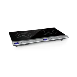 Klarstein Cucinata Mobile Kochplatte, Doppel-Induktionskochfeld, 3100W, Touch Control, Topfsensor, Abschalttimer, 10 Stufen, Überhitzungsschutz, Kindersicherung, Glaskeramik, Silber