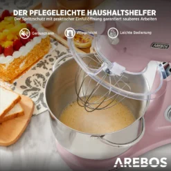 AREBOS Retro Küchenmaschine 1800W, Knetmaschine Mit 6L Edelstahl-Rührschüssel, Geräuscharm, 6 Geschwindigkeiten, Rosa -Bosch Verkäufe 20eff289881ec01e1fca914cb4209b42