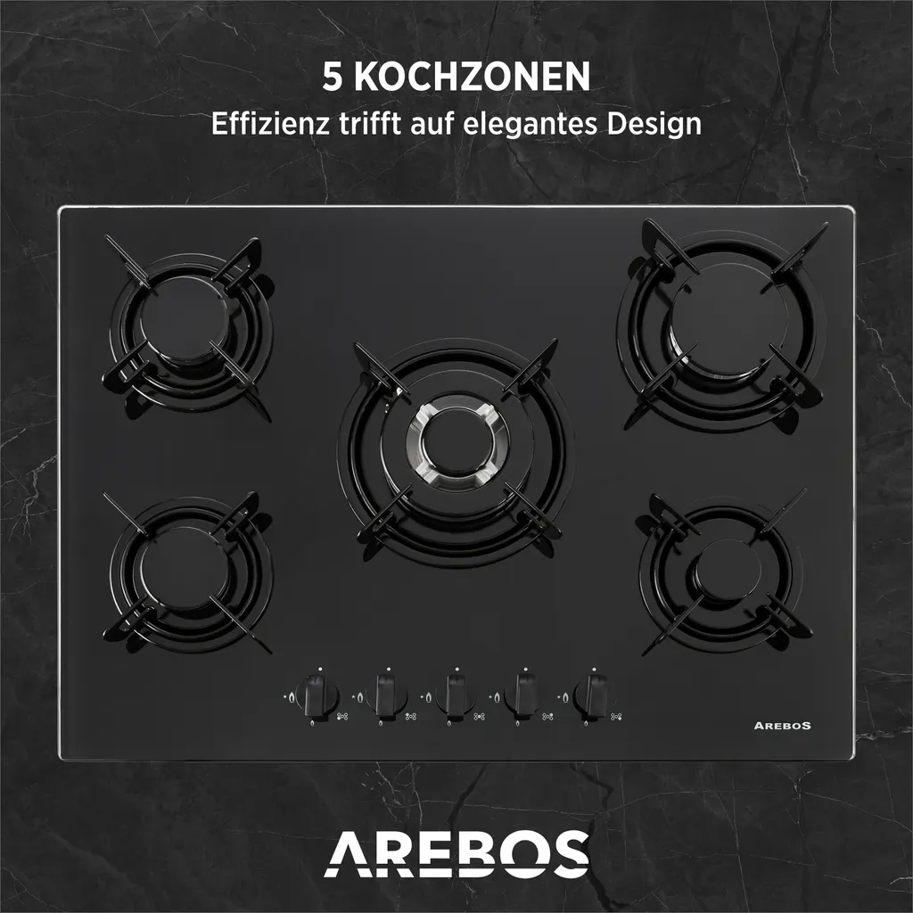 AREBOS Gaskochfeld 5 Flammen, Glaskeramik, Inkl. Topfträger & Zündsicherung, Autark, Geeignet Für Erdgas Oder Propangas, Gasherd, Gaskocher 6 AREBOS Gaskochfeld 5 Flammen, Glaskeramik, Inkl. Topfträger & Zündsicherung, Autark, Geeignet Für Erdgas Oder Propangas, Gasherd, Gaskocher – Bild 4