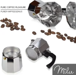 Milu Espressokocher (No Induktion) | 2, 3, 6, 9 Tassen | Aluminium Mokkakanne, Espressokanne, Espresso Maker Set Inkl. Untersetzer, Löffel, Bürste (Aluminium, 4 Tassen (300ml) -Bosch Verkäufe 463a2ffb24bc2924b4d03050d7b07e61