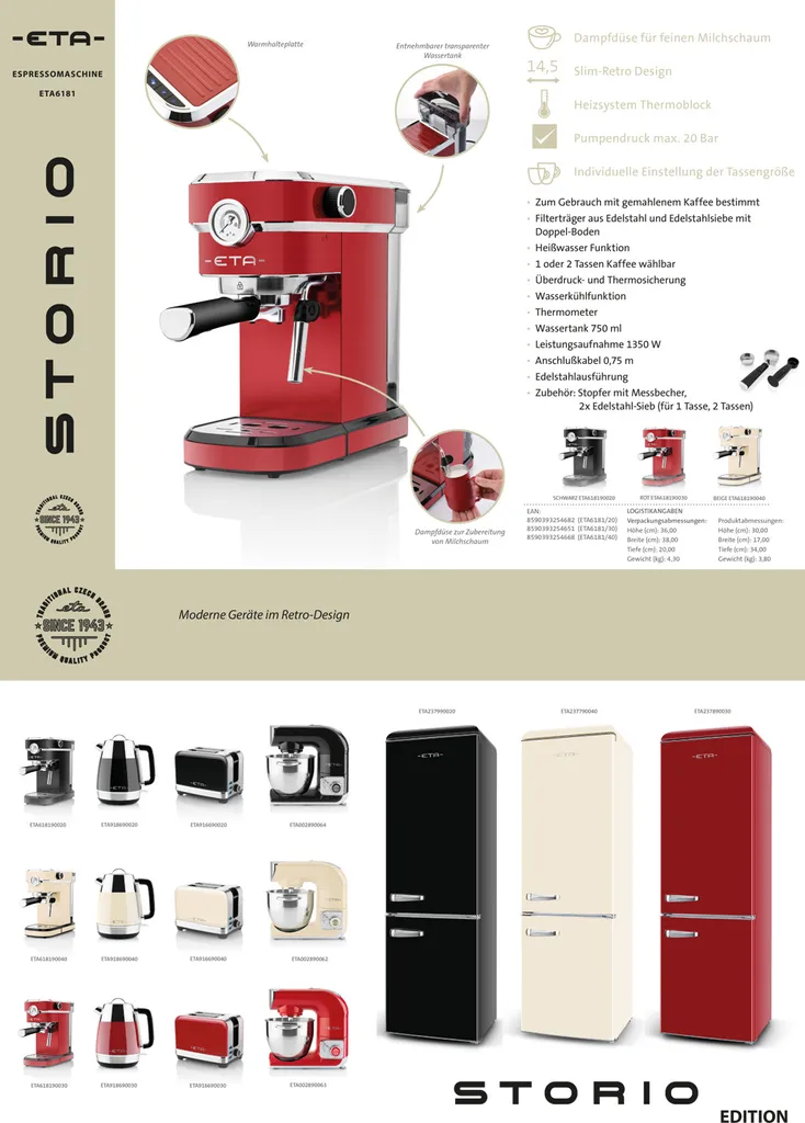 ETA Siebträgermaschine STORIO ETA618190020 Retro Schwarz, 1350W, Max.20 Bar, Thermoblock 16 ETA Siebträgermaschine STORIO ETA618190020 Retro Schwarz, 1350W, Max.20 Bar, Thermoblock – Bild 14