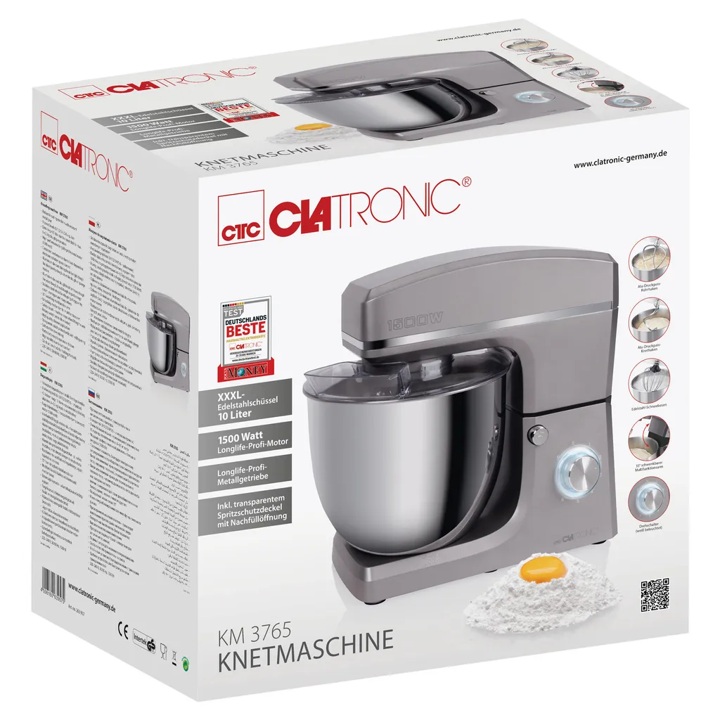 Clatronic KM 3765 Knetmaschine, 1500W, 8 Geschwindigkeitsstufen, 10 Liter- Edelstahlschüssel Für Max. 6–6,5 Kg, Spritzschutzdeckel Mit Nachfüllöffnung, Titan 9 Clatronic KM 3765 Knetmaschine, 1500W, 8 Geschwindigkeitsstufen, 10 Liter- Edelstahlschüssel Für Max. 6–6,5 Kg, Spritzschutzdeckel Mit Nachfüllöffnung, Titan – Bild 7