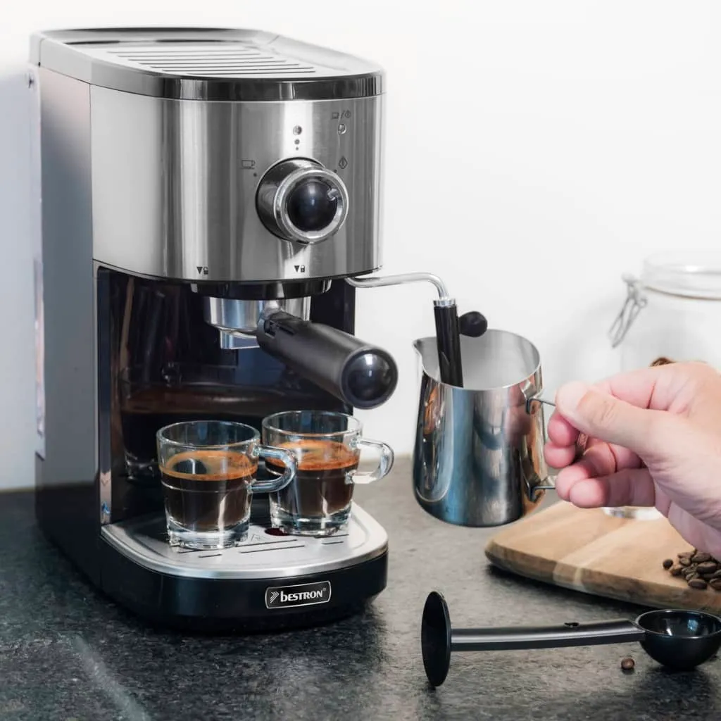 Bestron Espressomaschine Für 2 Tassen, Kolbenmaschine Mit Schwenkbarer Dampfdüse, Inkl. Integriertem Tassenwärmer, Herausnehmbarem Wassertank & 15 Bar Pumpendruck, 1.450 Watt, Farbe: Silber 9 Bestron Espressomaschine Für 2 Tassen, Kolbenmaschine Mit Schwenkbarer Dampfdüse, Inkl. Integriertem Tassenwärmer, Herausnehmbarem Wassertank & 15 Bar Pumpendruck, 1.450 Watt, Farbe: Silber – Bild 7