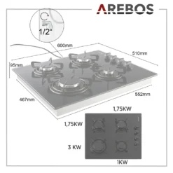 AREBOS Gaskochfeld 4 Flammen, Glaskeramik, Inkl. Topfträger & Zündsicherung, Autark, Geeignet Für Erdgas Oder Propangas, Gasherd -Bosch Verkäufe 7230546dcfaaeec6345732cdc1188178