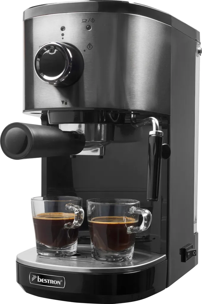 Bestron Espressomaschine Für 2 Tassen, Kolbenmaschine Mit Schwenkbarer Dampfdüse, Inkl. Integriertem Tassenwärmer, Herausnehmbarem Wassertank & 15 Bar Pumpendruck, 1.450 Watt, Farbe: Silber 3 Bestron Espressomaschine Für 2 Tassen, Kolbenmaschine Mit Schwenkbarer Dampfdüse, Inkl. Integriertem Tassenwärmer, Herausnehmbarem Wassertank & 15 Bar Pumpendruck, 1.450 Watt, Farbe: Silber
