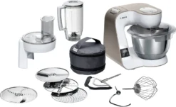 Bosch MUM5XW20 MUM 5 (champagne/weiß) Küchenmaschine, Rührschüssel, Knethaken, Flachrührer, Waage, Mixer-Aufsatz, Schneebesen