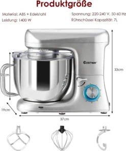COSTWAY 1400W Küchenmaschine Edelstahl, 6 Stufen Knetmaschine, Rührmaschine 7L Teigmaschine Mit Griff, Inkl. Schneebesen, Knethaken, Rührbesen & Spritzschutz, Silber -Bosch Verkäufe 7a3dde51da6b9f4bb037997818edf86a