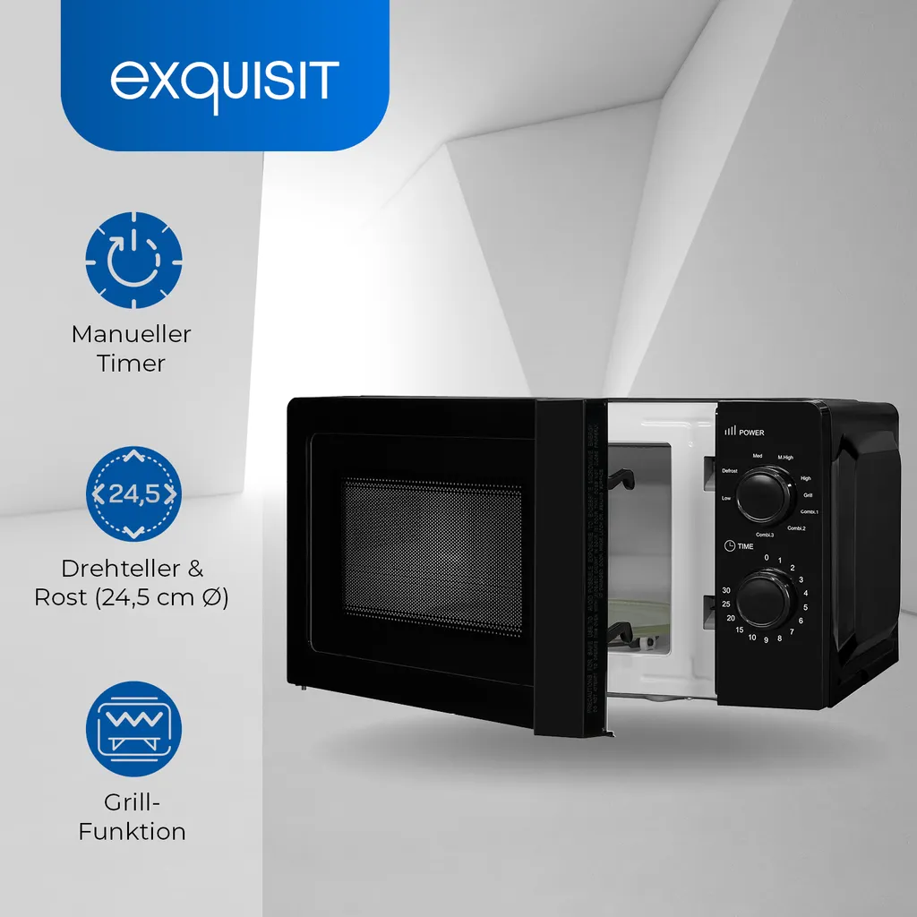 Exquisit Mikrowelle MW717-070G Schwarz | 700 Watt | Timer | 900 Watt Grill 4 Exquisit Mikrowelle MW717-070G Schwarz | 700 Watt | Timer | 900 Watt Grill – Bild 2
