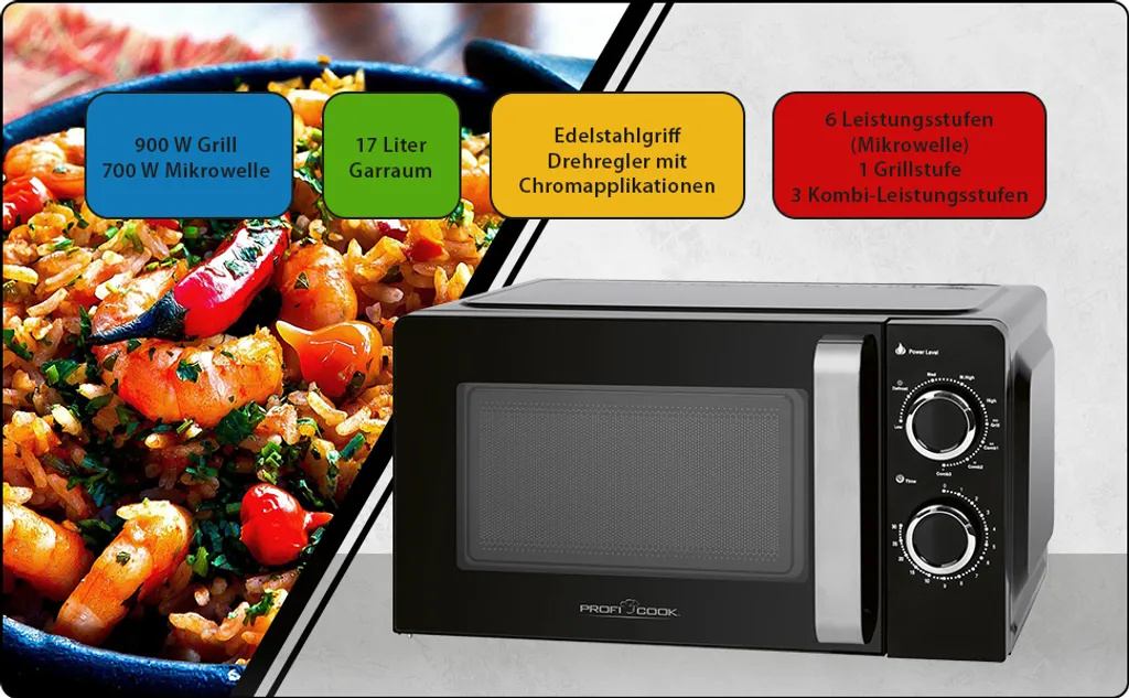 ProfiCook PC-MWG 1208 Mikrowelle Mit Grill, 17 Liter Garraum, 900 Watt Grill / 700 Watt Mikrowelle, 6 Mikrowellen-Leistungsstufen, 30 Minuten-Timer Mit Endsignal, Schwarz 13 ProfiCook PC-MWG 1208 Mikrowelle Mit Grill, 17 Liter Garraum, 900 Watt Grill / 700 Watt Mikrowelle, 6 Mikrowellen-Leistungsstufen, 30 Minuten-Timer Mit Endsignal, Schwarz – Bild 11