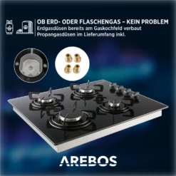 AREBOS Gaskochfeld 4 Flammen, Glaskeramik, Inkl. Topfträger & Zündsicherung, Autark, Geeignet Für Erdgas Oder Propangas, Gasherd -Bosch Verkäufe 831f5942b201e1bf080cd4770182771f