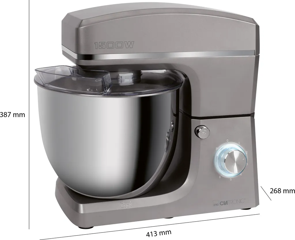 Clatronic KM 3765 Knetmaschine, 1500W, 8 Geschwindigkeitsstufen, 10 Liter- Edelstahlschüssel Für Max. 6–6,5 Kg, Spritzschutzdeckel Mit Nachfüllöffnung, Titan 7 Clatronic KM 3765 Knetmaschine, 1500W, 8 Geschwindigkeitsstufen, 10 Liter- Edelstahlschüssel Für Max. 6–6,5 Kg, Spritzschutzdeckel Mit Nachfüllöffnung, Titan – Bild 5