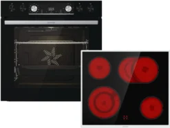 Gorenje Black Set 4 Einbauherd-Set Mit Glaskeramik-Kochfeld Mit Edelstahlrahmen, Heißluft - 77L XXL Volumen - ExtraSteam - GentleClose - EcoClean - AirFry - PizzaMode - PerfectGrill - Teleskopauszüge - Schwarz
