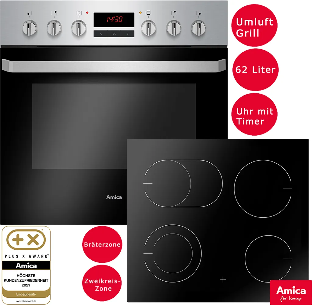 Amica Einbau Herd Set Backofen Glaskeramik Kochfeld Umluft Timer Bräterzone EHC 933 015 E 3 Amica Einbau Herd Set Backofen Glaskeramik Kochfeld Umluft Timer Bräterzone EHC 933 015 E
