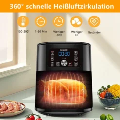 AINUOO 4L Heißluftfritteuse, 1600 W Airfryer Fritteuse Mit Touch Display, 6-in-1 Multifunktions Kompaktfriteuse Mit 6 Programmen, Transparentes Sichtfenster, Mit Rezeptheft, BPA-frei, Schwarz -Bosch Verkäufe 9bb1f3ead603f0747a0217f5d2ec259a