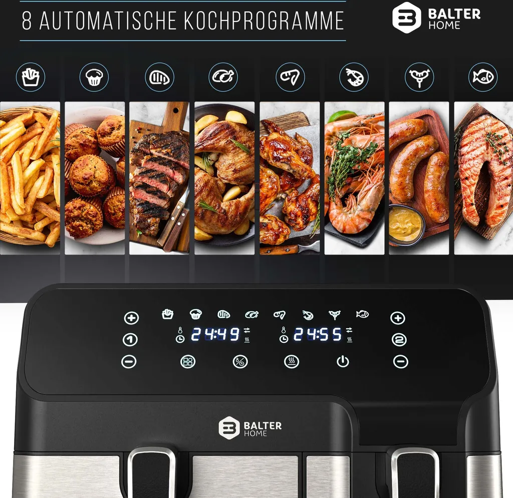 BALTER Heißluftfritteuse Mit Doppelkammer HL-850D, 9L (5,5L + 3,5L), 2 Speisen Gleichzeitig, 9 Programme , Friteuse Ohne Öl, Dual Zone, Airfryer, Heis 6 BALTER Heißluftfritteuse Mit Doppelkammer HL-850D, 9L (5,5L + 3,5L), 2 Speisen Gleichzeitig, 9 Programme , Friteuse Ohne Öl, Dual Zone, Airfryer, Heis – Bild 4