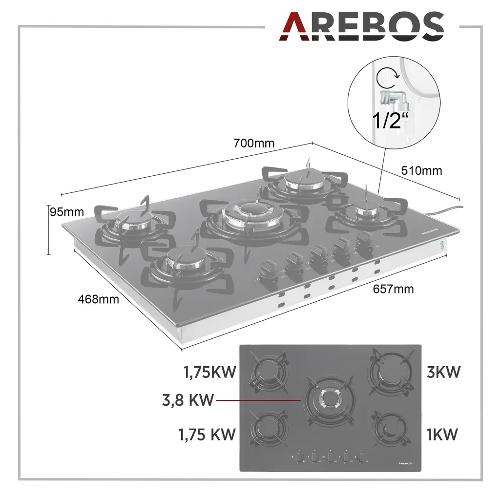 AREBOS Gaskochfeld 5 Flammen, Glaskeramik, Inkl. Topfträger & Zündsicherung, Autark, Geeignet Für Erdgas Oder Propangas, Gasherd, Gaskocher 12 AREBOS Gaskochfeld 5 Flammen, Glaskeramik, Inkl. Topfträger & Zündsicherung, Autark, Geeignet Für Erdgas Oder Propangas, Gasherd, Gaskocher – Bild 10