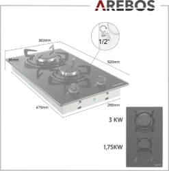 AREBOS Gaskochfeld 2 Flammen, Glaskeramik, Inkl. Topfträger & Zündsicherung, Autark, Geeignet Für Erdgas Oder Propangas, Gasherd -Bosch Verkäufe afdebd30922c37bcb81842c18a82b059