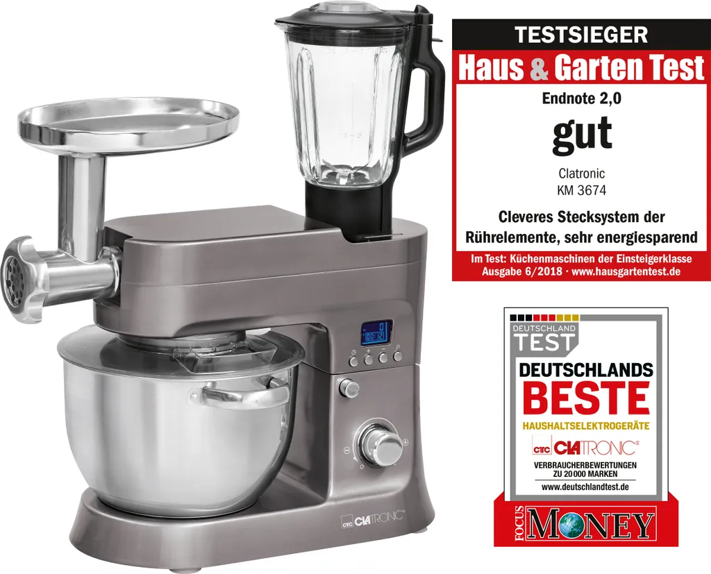 Clatronic KM 3674 Knetmaschine Inkl. Fleischwolf, Glas-Mixaufsatz, Pastafunktion, Digital LCD-Display, 6,2 Liter Edelstahlrührschüssel, 1200 W, Titan 15 Clatronic KM 3674 Knetmaschine Inkl. Fleischwolf, Glas-Mixaufsatz, Pastafunktion, Digital LCD-Display, 6,2 Liter Edelstahlrührschüssel, 1200 W, Titan – Bild 13