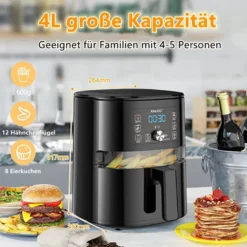 AINUOO 4L Heißluftfritteuse, 1600 W Airfryer Fritteuse Mit Touch Display, 6-in-1 Multifunktions Kompaktfriteuse Mit 6 Programmen, Transparentes Sichtfenster, Mit Rezeptheft, BPA-frei, Schwarz -Bosch Verkäufe b3c4d3a874df1eb9847f0264f951818f