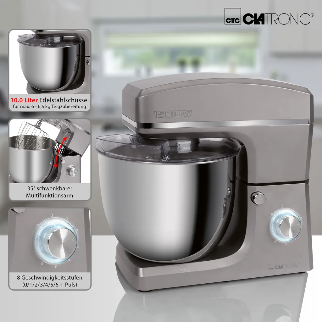 Clatronic KM 3765 Knetmaschine, 1500W, 8 Geschwindigkeitsstufen, 10 Liter- Edelstahlschüssel Für Max. 6–6,5 Kg, Spritzschutzdeckel Mit Nachfüllöffnung, Titan 5 Clatronic KM 3765 Knetmaschine, 1500W, 8 Geschwindigkeitsstufen, 10 Liter- Edelstahlschüssel Für Max. 6–6,5 Kg, Spritzschutzdeckel Mit Nachfüllöffnung, Titan – Bild 3