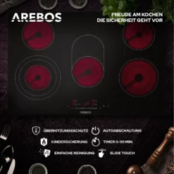 AREBOS Glaskeramikkochfeld, 8500 W, 5 Kochfelder, 77cm, Autark, Inkl. Dual-Kochzone Und Bräterzone, Mit Sensor Touch, Kindersicherung, Überhitzungsschutz, Autoabschaltung -Bosch Verkäufe c77d5febacaba171eb4af0f7e567df62
