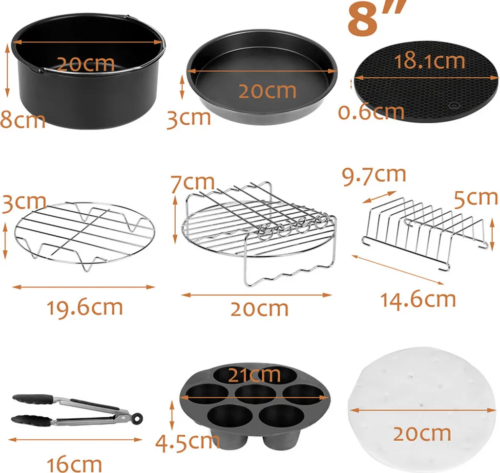 Lospitch Heißluftfritteuse Zubehör 8 Zoll 12tlg. Fritteuse Set Inkl. Brotbackkorb Pizzapfanne Silikonpfanne Grillrost Spieße Kompaktfriteusen 4 Lospitch Heißluftfritteuse Zubehör 8 Zoll 12tlg. Fritteuse Set Inkl. Brotbackkorb Pizzapfanne Silikonpfanne Grillrost Spieße Kompaktfriteusen – Bild 2