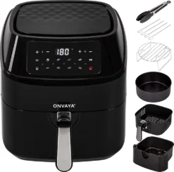ONVAYA® Heißluftfritteuse | Airfryer XXL | Fritteuse Ohne Öl & Fett | Für 5-6 Personen | Mit LED-Display | 10 Programme | 1700 W | Inkl. Backform & Grillrost Mit Spießen