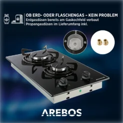AREBOS Gaskochfeld 2 Flammen, Glaskeramik, Inkl. Topfträger & Zündsicherung, Autark, Geeignet Für Erdgas Oder Propangas, Gasherd -Bosch Verkäufe dbe1ac999b9ed9e0df90c0f54980fb3e