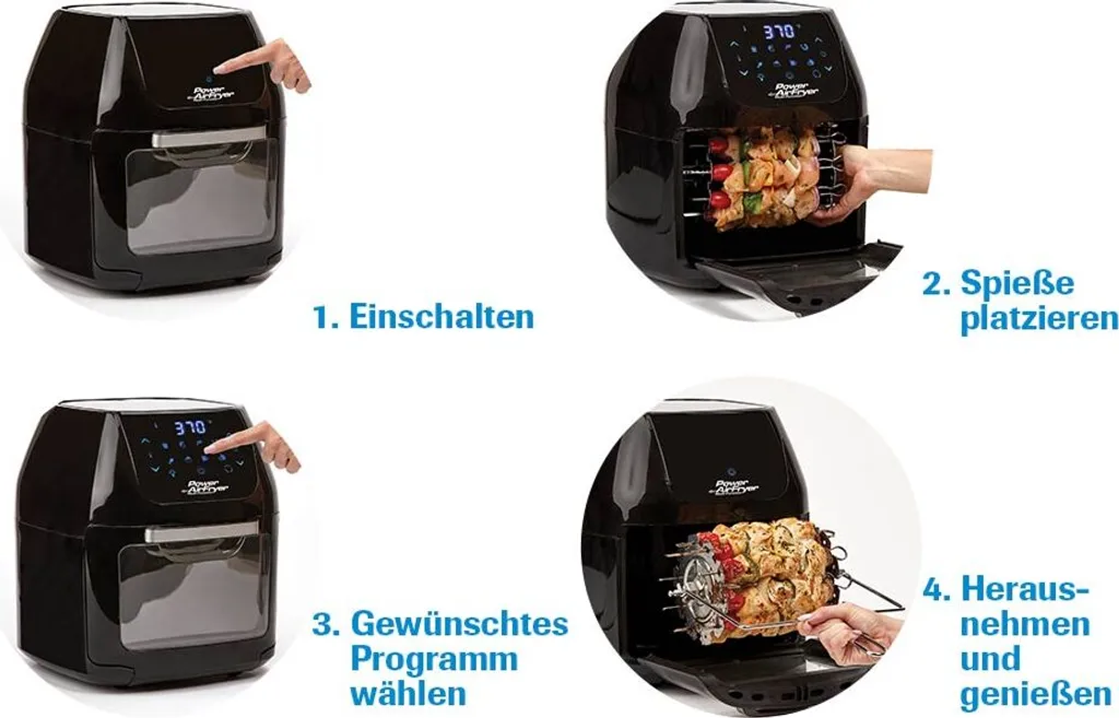 Mediashop Power AirFryer Multi-Function Heißluftfritteuse Backen Toasten Drehgrill Inkl. Rezeptheft Grillspieß 1800 Watt 4 Mediashop Power AirFryer Multi-Function Heißluftfritteuse Backen Toasten Drehgrill Inkl. Rezeptheft Grillspieß 1800 Watt – Bild 2
