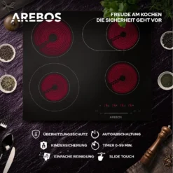 AREBOS Glaskeramikkochfeld, 7200 W, 4 Kochfelder, 59 Cm, Autark, Inkl. Dual-Kochzone Und Bräterzone, Mit Sensor Touch -Bosch Verkäufe e4019621233368baf4103d519ca837ea
