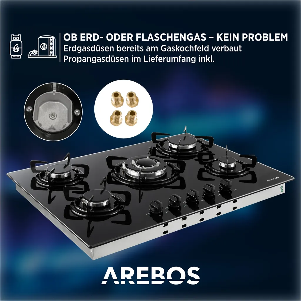 AREBOS Gaskochfeld 5 Flammen, Glaskeramik, Inkl. Topfträger & Zündsicherung, Autark, Geeignet Für Erdgas Oder Propangas, Gasherd, Gaskocher 10 AREBOS Gaskochfeld 5 Flammen, Glaskeramik, Inkl. Topfträger & Zündsicherung, Autark, Geeignet Für Erdgas Oder Propangas, Gasherd, Gaskocher – Bild 8