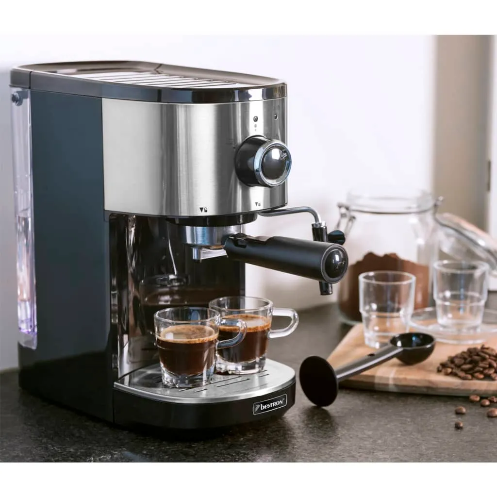 Bestron Espressomaschine Für 2 Tassen, Kolbenmaschine Mit Schwenkbarer Dampfdüse, Inkl. Integriertem Tassenwärmer, Herausnehmbarem Wassertank & 15 Bar Pumpendruck, 1.450 Watt, Farbe: Silber 10 Bestron Espressomaschine Für 2 Tassen, Kolbenmaschine Mit Schwenkbarer Dampfdüse, Inkl. Integriertem Tassenwärmer, Herausnehmbarem Wassertank & 15 Bar Pumpendruck, 1.450 Watt, Farbe: Silber – Bild 8