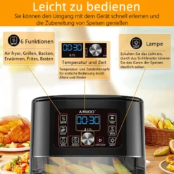 AINUOO 4L Heißluftfritteuse, 1600 W Airfryer Fritteuse Mit Touch Display, 6-in-1 Multifunktions Kompaktfriteuse Mit 6 Programmen, Transparentes Sichtfenster, Mit Rezeptheft, BPA-frei, Schwarz -Bosch Verkäufe ed93635bc8d9c276f4cd0e1b5145c41e