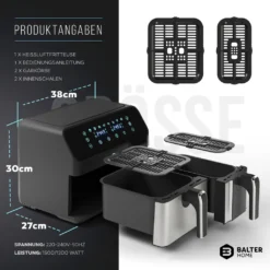 BALTER Heißluftfritteuse Mit Doppelkammer HL-850D, 9L (5,5L + 3,5L), 2 Speisen Gleichzeitig, 9 Programme , Friteuse Ohne Öl, Dual Zone, Airfryer, Heis 15 BALTER Heißluftfritteuse Mit Doppelkammer HL-850D, 9L (5,5L + 3,5L), 2 Speisen Gleichzeitig, 9 Programme , Friteuse Ohne Öl, Dual Zone, Airfryer, Heis -Bosch Verkäufe ef431adee7c78208c4d8ffd89aa1d5be