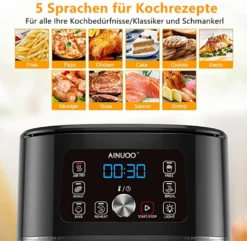 AINUOO 4L Heißluftfritteuse, 1600 W Airfryer Fritteuse Mit Touch Display, 6-in-1 Multifunktions Kompaktfriteuse Mit 6 Programmen, Transparentes Sichtfenster, Mit Rezeptheft, BPA-frei, Schwarz -Bosch Verkäufe f10a4f0aabb3aa356a0ae77418a4a378